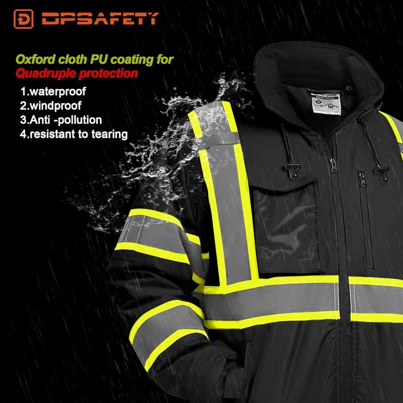 DPSAFETY Hi Vis Safety jacket for men,Reflective high Visibility Hooded jacket,Work Bomber Jacket with Pockets and Zipper,Waterproof,ANSI Class 3 Black,Small - Image 2